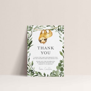 Sloth Birthday Thank You Note, Sloth Thank You Note, Sloth Thank You Card, Sloth Kids Birthday Printables, Instant Download, Templett - KB13