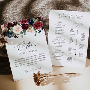 Burgundy Navy Wedding Wedding Welcome Bag Letter and Timeline, Welcome Bag Letter, Wedding Timeline, Instant Download, Templett - WD4