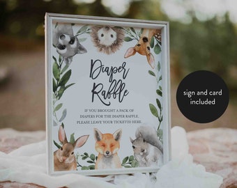 Sorteo de pañales para baby shower de Woodland, Sorteo de pañales de Woodland, Letrero para sorteo de pañales, Inserto para baby shower, Descarga instantánea, Templett - BB17