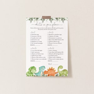 Dinosaur Baby Shower What&#39;s In Your Phone Game, Dinosaur What&#39;s In Your Phone Game, Dinosaur Phone Game, Instant Download, Templett - BB12