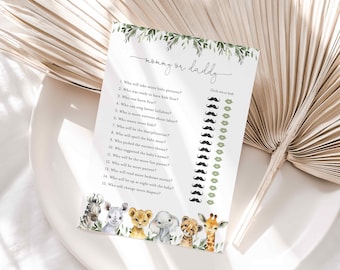 Könnte beinhalten: Ein druckbares Babyparty-Spiel mit einem grünen und weißen Blumendesign. Das Spiel fordert die Gäste auf zu erraten, wer mehr Babyfotos machen wird, wer zuerst bereit war, Kinder zu haben, wer bessere Schlaflieder singen kann und vieles mehr. Das Spiel enthält eine Liste mit 15 Fragen, bei denen man für jede Frage "Mama" oder "Papa" einkreisen kann.