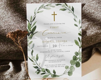 May include: A white card with a gold cross and green watercolour leaves. The text reads "Please join us as for the First Communion of our daughter Abigail Louisa September 20 9:30-11:00AM St. Peter Chapel 203 Redwood St, Los Angeles, CA9808 Reception to follow The Anderson Residence 203 Redwood St RSVP to Mila by Sept 15th Call/Text 986-980-6768"