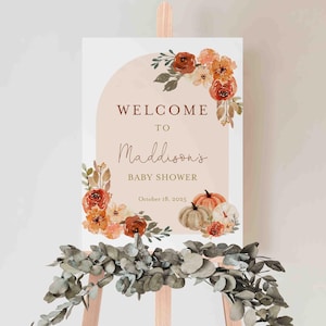 Pumpkin Baby Shower Welcome Sign, Floral Pumpkin Welcome Sign, Fall Welcome Sign, Fall Baby Shower, Instant Download, Templett - BB37