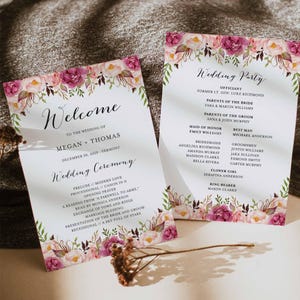Pink Floral Fan Wedding Program, Wedding Order Of Service, Floral Wedding Programme, Floral Wedding, Instant Download, Templett - WD1