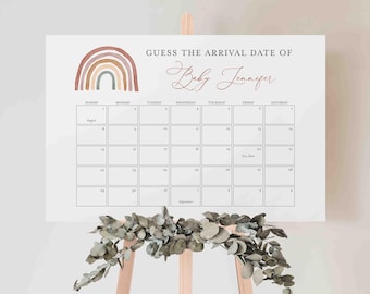 Puede incluir: Un juego de baby shower imprimible con una ilustración de arcoíris y el texto "Adivina la fecha de llegada de Baby Jennifer". El juego presenta un calendario con los meses de agosto y septiembre.
