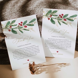 Nota de agradecimiento para boda navideña, Nota de agradecimiento para boda de invierno, Nota de agradecimiento para boda con bayas de invierno, Descarga instantánea, Templett - WD24
