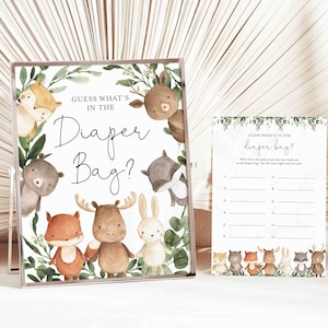 Woodland Baby Shower Guess What's In The Diaper Bag Game, Woodland What's In The Diaper Bag Game, Instant Download, Templett BB10 image 1