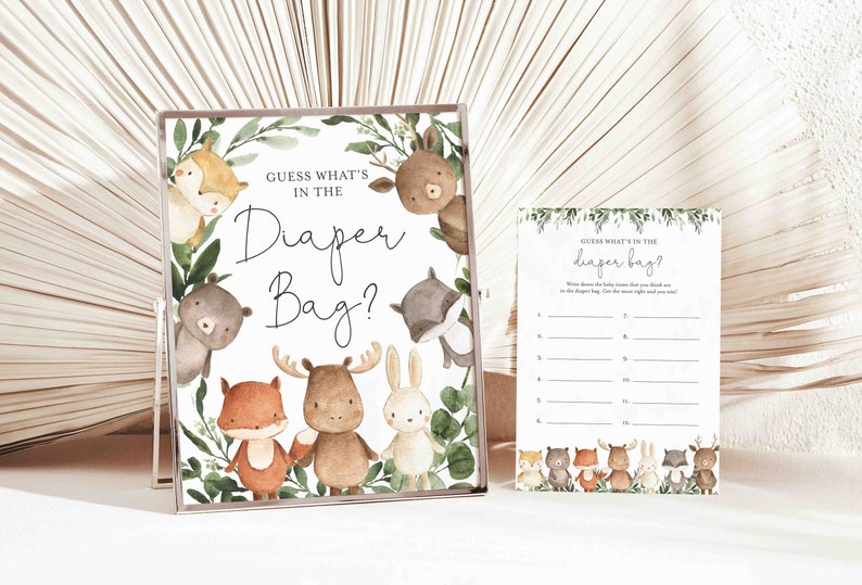 Woodland Baby Shower Guess What's In The Diaper Bag Game, Woodland What's In The Diaper Bag Game, Instant Download, Templett BB10 image 1