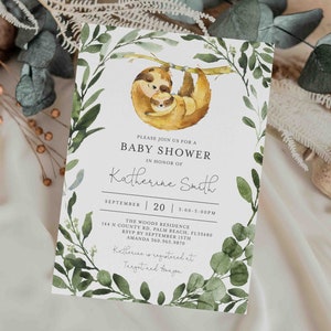 May include: A baby shower invitation with a watercolor illustration of two sloths hanging from a branch. The invitation is for Katherine Smith and includes the date, time, and location of the shower. The text reads: "Please join us for a baby shower in honor of Katherine Smith. September 20 | 3:00-5:00PM. The Woods Residence 144 N County Rd. Palm Beach, FL 33480. RSVP by September 15th. Amanda 360.965.9870. Katherine is registered at Target and Amazon."