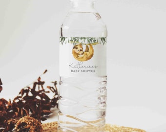 May include: Water bottle label with a watercolor illustration of a sloth and leaves. The label says "Katherine's Baby Shower".