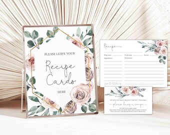 Boho Rose Bridal Shower Recipe Card, Dusty Rose Bridal Shower Recipe Card, Dusty Pink Recipe Card, Instant Download, Templett - BR5