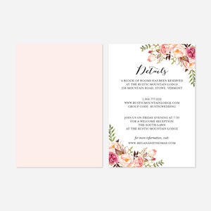 Pink Floral Wedding Details Card, Wedding Info Card, Accommodation Card, Floral Details Card, Floral Wedding, Instant Download, Templett-WD1 image 2