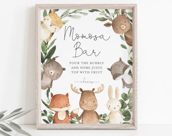 Woodland Baby Shower Mimosa Bar Sign, Woodland Mimosa Bar Sign, Woodland Animals Mimosa Bar Sign, Instant Download, Templett - BB10