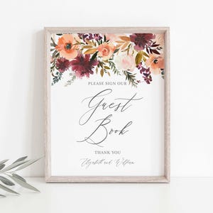Burgundy Blush Wedding Guestbook Sign, Wedding Guestbook Sign, Floral Guestbook Sign, Floral Wedding, Instant Download, Templett - WD3