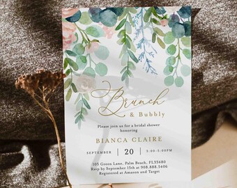 Greenery Brunch And Bubbly Bridal Shower Invitation, Eucalyptus Bridal Brunch Invitation, Instant Download, Templett - BR6
