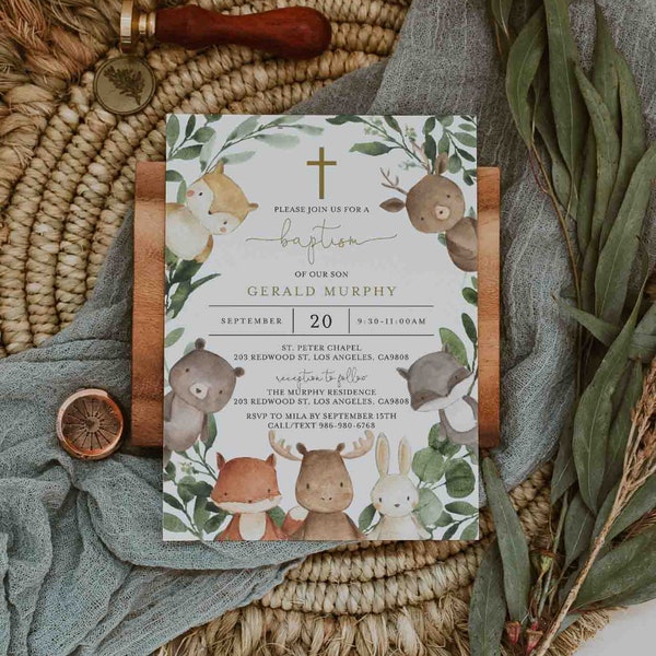 Woodland Baptism Invitation, Woodland Animals Baptism Invitation, Boy Baptism Invitation, Baptism Invitation, Instant Download,Templett-RL10