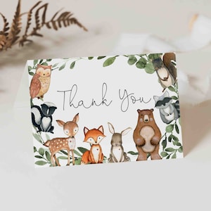 Woodland Baby Shower Thank You Card, Woodland Thank You Card, Woodland Animals Thank You Card, Instant Download, Templett BB15 image 1