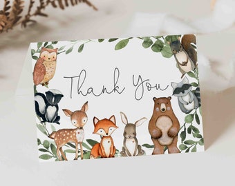 Woodland Baby Shower Thank You Card, Woodland Thank You Card, Woodland Animals Thank You Card, Instant Download, Templett - BB15