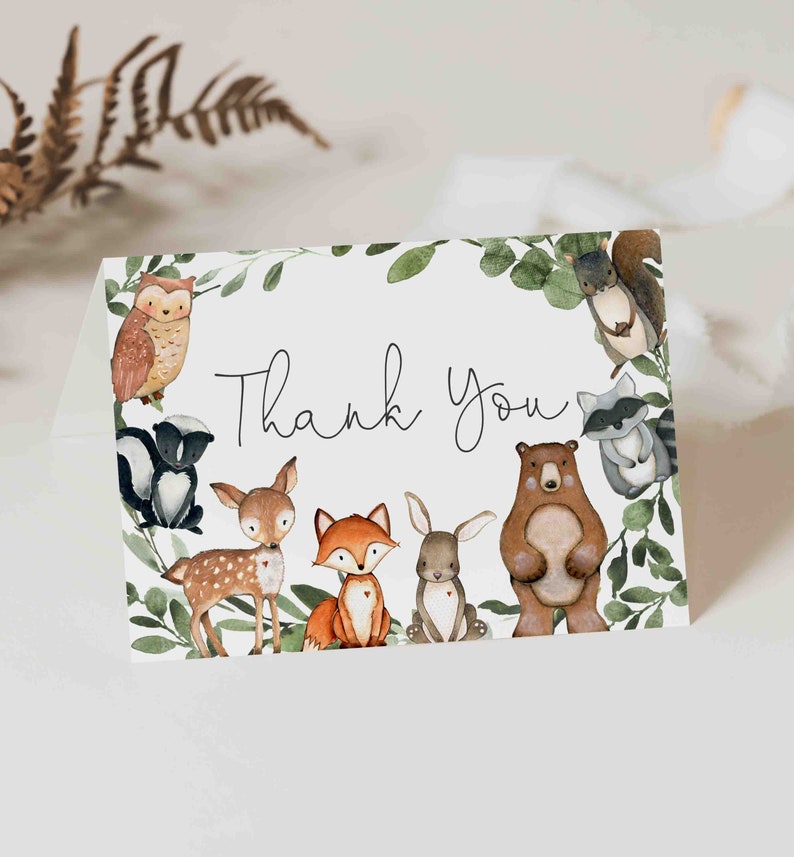 Woodland Baby Shower Thank You Card, Woodland Thank You Card, Woodland Animals Thank You Card, Instant Download, Templett BB15 image 1