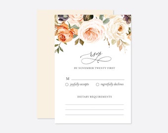 Autumn Wedding RSVP Card, Fall Wedding RSVP Card, Wedding Reply Card, Response Card, Floral RSVP Card, Instant Download, Templett - WD25