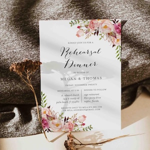 Invitación floral rosa para cena de ensayo de boda, invitación floral, descarga instantánea, Templett - WD1