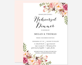 Pink Floral Wedding Rehearsal Dinner Invitation, Wedding Rehearsal Invitation, Floral Invitation, Instant Download, Templett - WD1