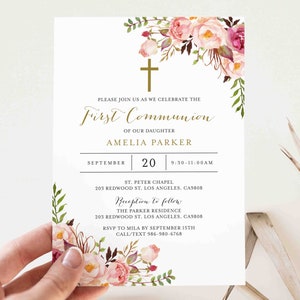 Pink Floral First Communion Invitation, Girl First Communion Invitation, 1st Communion Invitation, Instant Download, Templett RL1 image 1