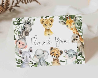 Karta z podziękowaniami na przyjęcie z okazji narodzin dziecka w stylu Safari, Karta z podziękowaniami w stylu Safari, Karta z podziękowaniami w stylu dżungli, Przyjęcie z okazji narodzin dziecka w stylu dżungli, Pobierz natychmiast, Templett - BB29