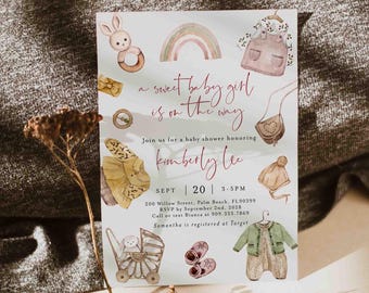 Boho Girl Baby Shower Invitation, Girl Baby Shower Invitation, It's A Girl Baby Shower Invitation, Instant Download, Templett - BB69