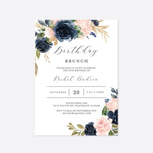 Navy Blush Birthday Brunch Invitation, Floral Birthday Brunch Invitation, Floral Birthday Invitation, Instant Download, Templett AB22 zdjęcie 3