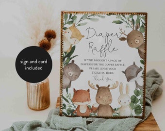 Sorteo de pañales para baby shower con temática de bosque, Sorteo de pañales con animales del bosque, Letrero para sorteo de pañales, Inserto para baby shower, Descarga instantánea, Templett -BB10