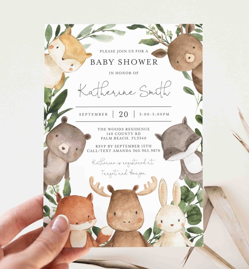 Woodland Baby Shower Invitation, Woodland Baby Shower Invitation, Woodland Invitation, Woodland Animals, Instant Download, Templett BB10 image 3