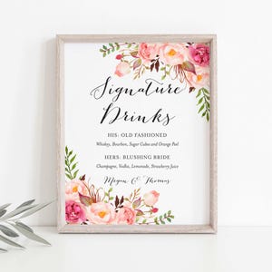 Pink Floral Wedding Signature Drinks Sign, Wedding Drinks Sign, Signature Cocktails, Floral Wedding, Instant Download, Templett - WD1