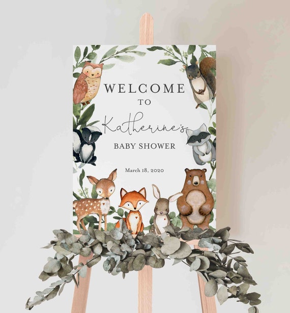 Woodland Baby Shower Welcome Sign, Woodland Welcome Sign, Woodland Animals Welcome Sign, Baby Shower Sign, Instant Download, Templett - BB15