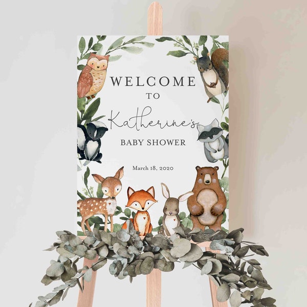 Woodland Baby Shower Welcome Sign, Woodland Welcome Sign, Woodland Animals Welcome Sign, Baby Shower Sign, Instant Download, Templett - BB15