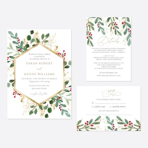 Christmas Wedding Invitation Suite, Christmas Wedding Invitation Set, Winter Wedding Invitation Bundle, Instant Download, Templett - WD24