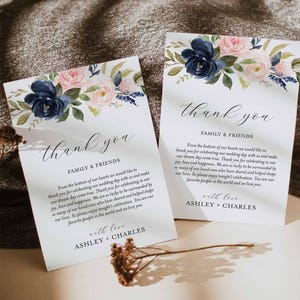Nota de agradecimiento para boda en azul marino y rubor, carta de agradecimiento para boda en azul marino y rubor, nota de agradecimiento floral, descarga instantánea, Templett - WD22