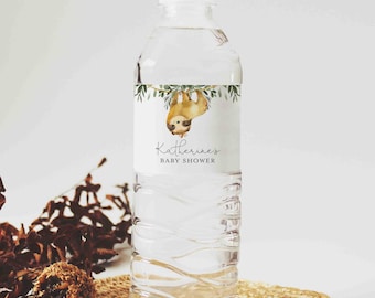 May include: Water bottle label with a watercolor illustration of a sloth hanging from a branch. The label also includes the text "Katherine's Baby Shower".