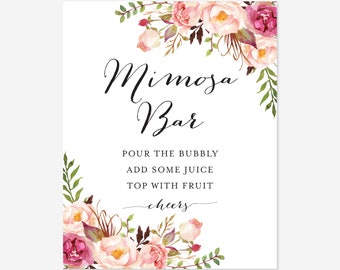 Pink Floral Bridal Shower Mimosa Bar Sign, Mimosa Bar Sign, Floral Mimosa Bar Sign, Printable Mimosa Bar, Instant Download, Templett - BR1