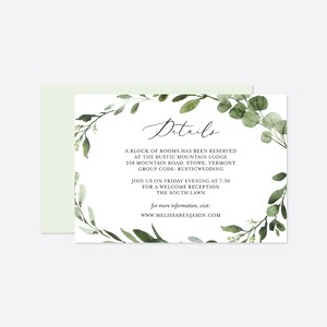 Grün Hochzeit Details Karte, Eukalyptus Hochzeit Details Karte, Laub Hochzeit Details Karte, Instant Download, Templett - BT23