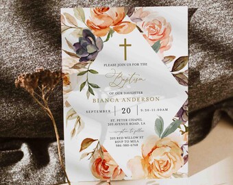 May include: Baptism invitation featuring floral watercolor design with peach and purple roses, a gold cross, and text. The invitation includes the name Bianca Anderson, date, time, and location details.