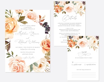May include: Wedding invitation suite with floral designs in shades of peach, orange, and white. The invitation features the names Madeline Brance and Richard Williams, the date Saturday, the Fourth of March, and the location Rustic Willow Inn, Palm Beach, Florida. The details card includes the venue address, website, and RSVP information. The RSVP card has a space for guests to indicate their attendance and dietary requirements.