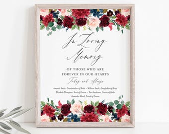 Burgundy Navy Wedding In Loving Memory Sign, Wedding Memory Sign, Wedding Memorial Sign, Floral Wedding, Instant Download, Templett - WD4