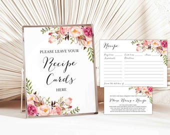 Pink Floral Bridal Shower Recipe Card, Bridal Shower Recipe Card, Floral Recipe Card, Recipe Card, Instant Download, Templett - BR1