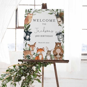 Woodland Birthday Welcome Sign, Woodland Animals Welcome Sign, Woodland Birthday Sign, Printable Sign, Instant Download, Templett - KB15