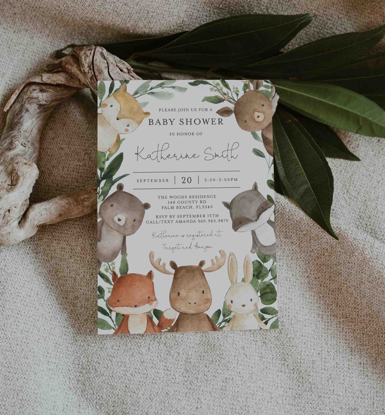 Woodland Baby Shower Invitation, Woodland Baby Shower Invitation, Woodland Invitation, Woodland Animals, Instant Download, Templett BB10 image 2