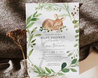 May include: A watercolor baby shower invitation with a sleeping fawn surrounded by green leaves. The invitation reads "Please join us for a baby shower in honor of Olivia Bianca, Sept 20, 12PM, The Woods Residence, 144 N County Rd, Palm Beach, FL33480, RSVP by September 15th, Amanda 360.965.9870, Registered at Target & Amazon."