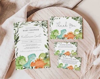 Dinosaur Baby Shower Invitation Suite, Dinosaur Baby Shower Invitation Set, Dinosaur Baby Shower Bundle, Instant Download, Templett - BB12