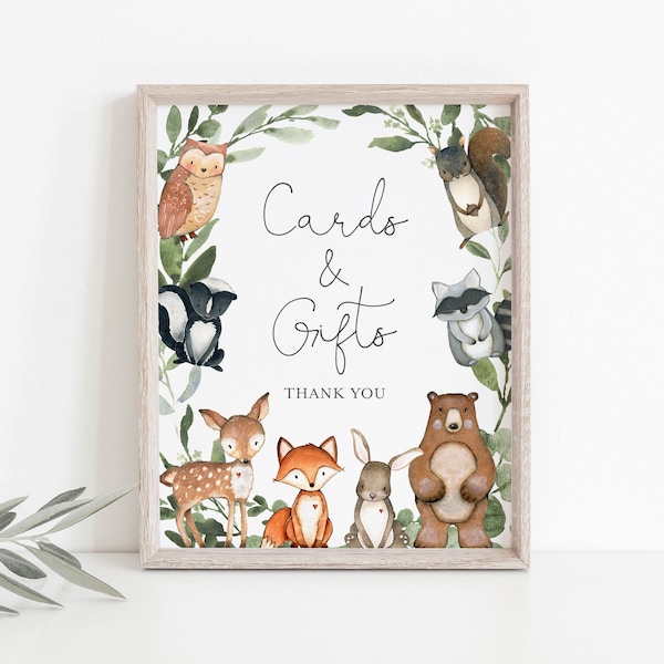 Woodland Baby Shower Cards And Gifts Sign, Woodland Cards And Gifts Sign, Woodland Animals Card And Gift, Instant Download, Templett - BB15
