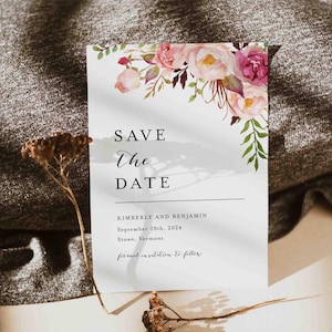 Pink Floral Wedding Save the Date Card, Wedding Date Announcement, Wedding Save The Date, Floral Wedding, Instant Download, Templett - WD1